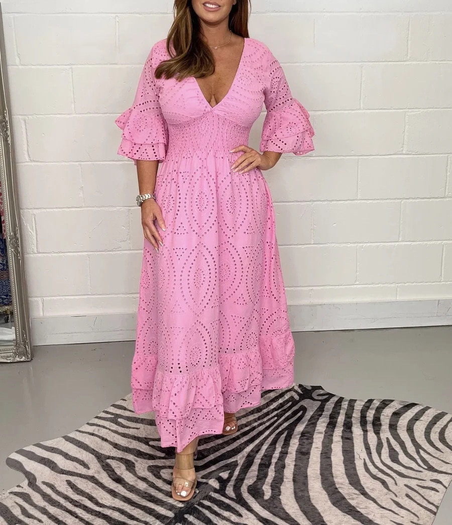 Gotoola 2023 Summer Solid Color and V-neck Patchwork Flared Sleeves Fashion Waist-Controlled Loose Big Hem Hollow ou